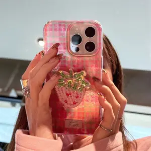 Phone case Cover suitable for iPhone | Glacier pattern Pink green grid pattern | Strawberry bead holder | Best friend gift |  11 12 13 14 15 16 17 Pro Max