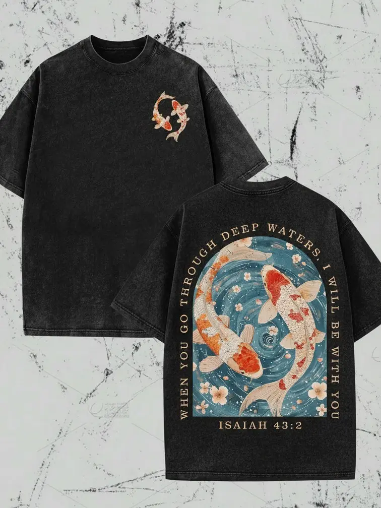 Vintage Washed Black Koi Fish Christian T-Shirt, Isaiah 43:2 When You Go Through Deep Waters Front Chest & Back Double Print Faith Graphic Tee