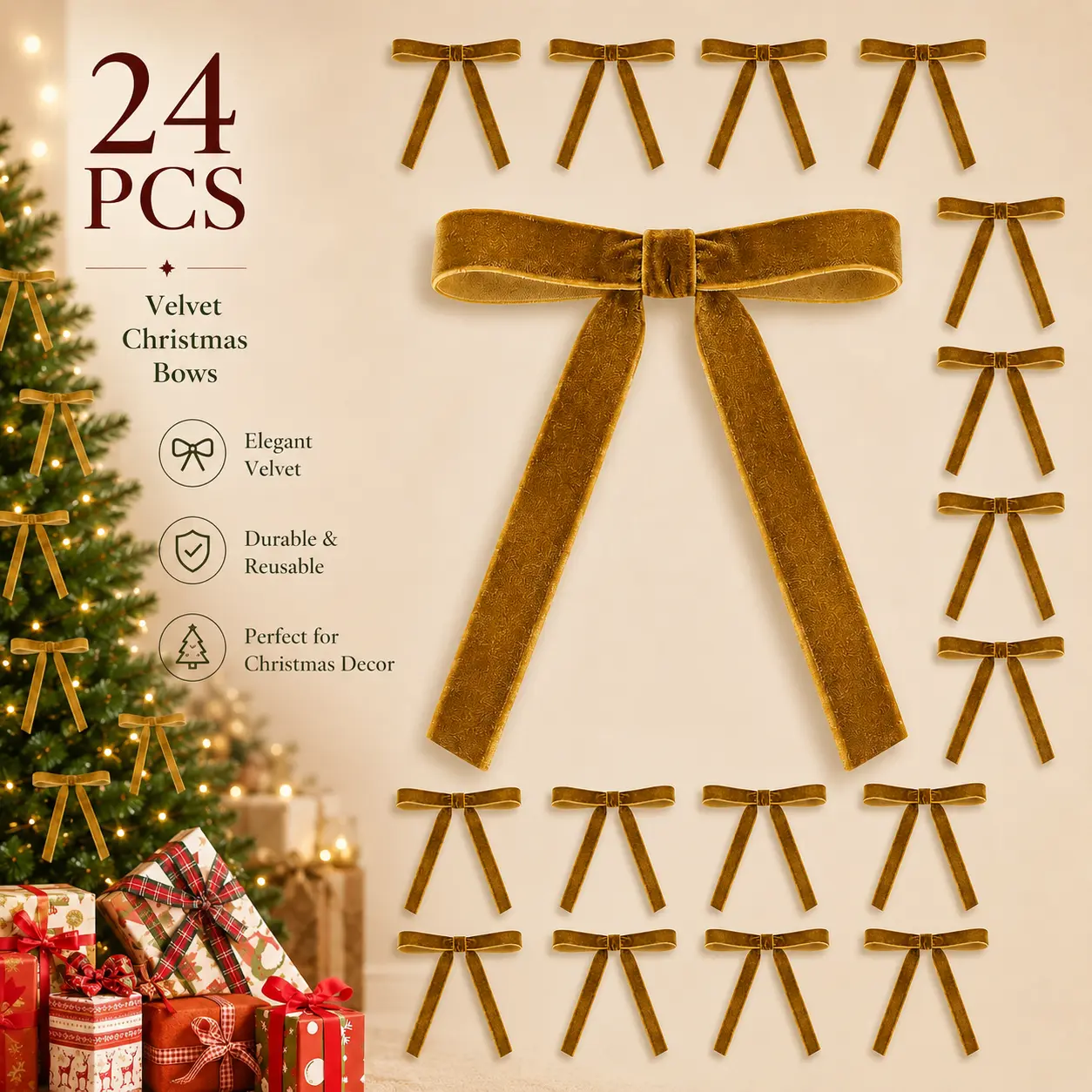 Rustic Brown Velvet Bow Collection (24 Count) - Classic Embellishments for Xmas Trees, Wreaths, and Festive Gift Wrapping Ornaments Decoration Decorative Flower Ornaments