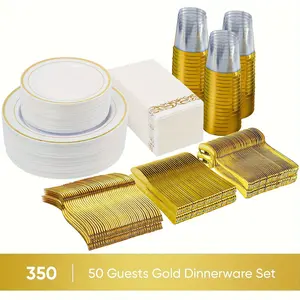 350pcs Plastic Dinnerware Set, Disposable Party Plates for 100 Guests, Include: for 100 Dinner Plates, for 100 Dessert Plates, for 100 Pre Rolled Napkins, for 100 Cutlery Sets And Cups for Wedding
