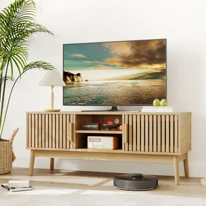 OUTGOODS Boho TV Stand with Fluted Doors & Storage, 50 Inch Television Console Table for Living Room, Modern Entertainment Center with Open Shelves, Natural Media Cabinet