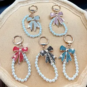 Women's Bow-Shape Sparkling Rhinestone Keychain with Fabric Base, Elegant Key Fob Pendant, Ideal Birthday Gift Accessory for Car Keys