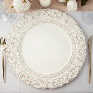 6-Pack Acrylic Charger Plates 14" Round Antique White Gold with Engraved Baroque Rim - Vintage Disposable Decorative Chargers