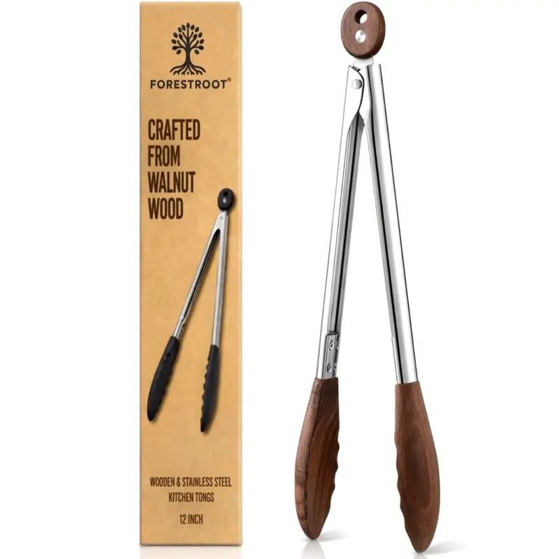 Forestroot Walnut Wood Kitchen Tongs – 12-Inch Nonstick-Safe Wooden Salad & Grill Tongs for Cooking, Serving, BBQ, and Tossing Salad – Durable Stainless Steel Core with Natural Wooden Tips