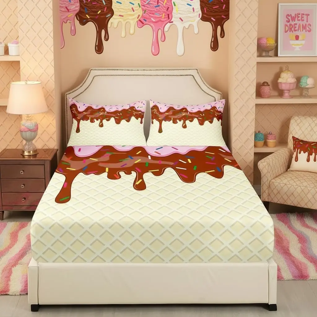 Ice Cream Bedding Set Pink Chocolate Cream Cake Bed Set Bedroom Decor Colorful Candy Fitted Sheet Soft Microfiber Desserts Bed Cover(Fitted Sheet + Pillow Case )