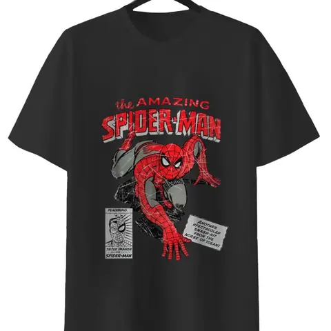 MARVEL The Amazing Spider-Man Retro Comic T-Shirt BlackGraphic Tee for Fans of Classic Superhero Design MediumSize 100% Cotton