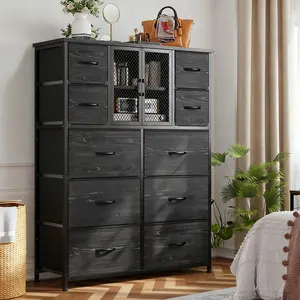 【Tall Dresser】Raybee High Dresser for Bedroom with Mesh Door, 10 Fabric Drawers Organizer, Metal Frame, Wood Top, Tall Design for Closet & Entryway, Easy Assemble, Black
