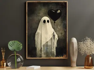 Ghost With Heart Balloon Canvas Print, Dark Romantic Spirit Poster, Gothic Halloween Wall Art Decor