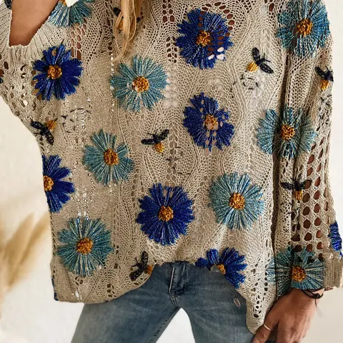Elegant Women's Floral Print Batwing Sleeve Knit Top, Loose-Fit Knitwear, Ideal for Spring, Summer & Fall, Ladies Casual Fashion Wear