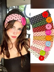 Summer Polka Dot Headband, Large Button Design, Elastic Stretch, Handmade Sewn, Unique Style, All-Season Fashion Accessory