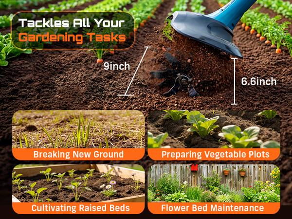 SEESII 20V Electric Tiller for Gardening 360 RPM Rototiller Cordless Cultivator 8000mAh Battery 4 Blades Handheld Tiller for Raised Beds Outdoorfun SEESII 20V Electric Tiller for Gardening 360 RPM Rototiller Cordless Cultivator 8000mAh Battery 4 Blades Handheld Tiller for Raised Beds Outdoorfun