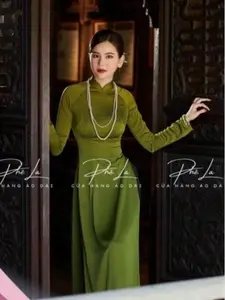 Ao dai tron xanh  (Seaweed Green) square neckline - Vietnamese Traditional Ao Dai for Women solid color with same color pants -ready to ship