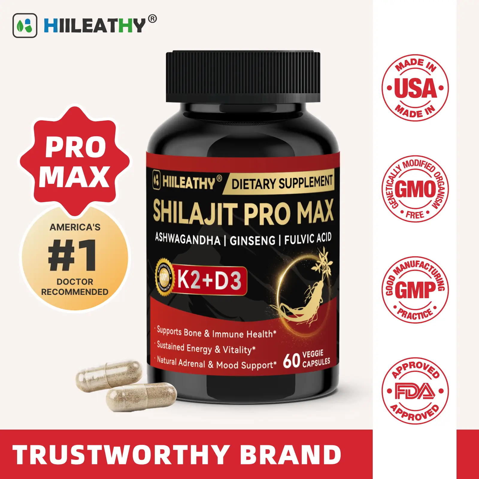 HIILEATHY Shilajit Pro Max for Active Lifestyles – with K2+D3, Fulvic Acid & Electrolytes | Energy, Muscle Recovery & Joint Support – 60 Caps