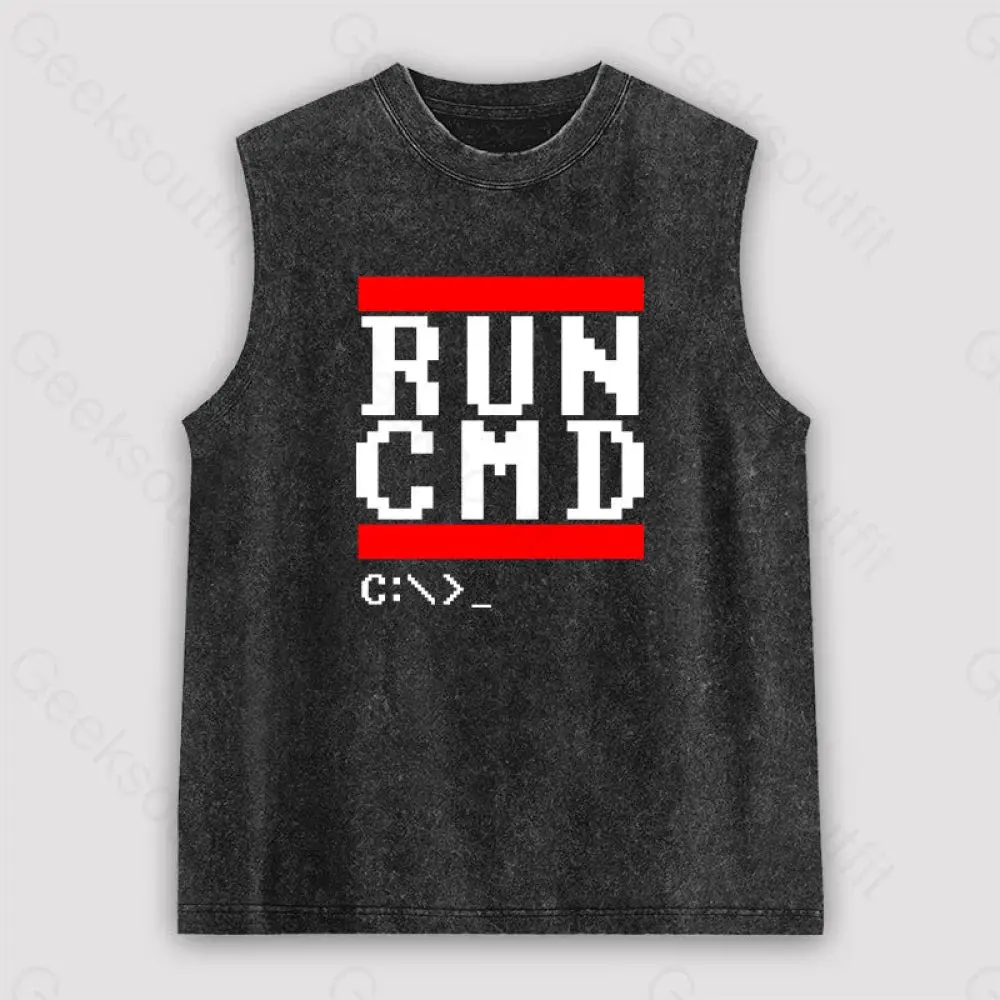 RUN CMD IT Unisex Washed Tank Top - Funny Tech Command Line Design, Geeky Graphic for Programmers, Stylish Sleeveless Tank for Computer Science Enthusiasts