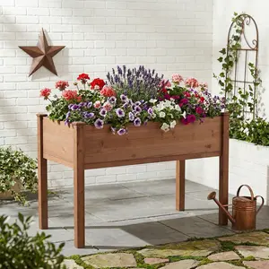 Elevated Wooden Raised Garden Bed with Legs, Heavy Duty Fir Wood Raised Planter Box with Bed Liner, Outdoor Standing Plant Growing Box for Vegetables Fruits Flowers Herbs Backyard Patio Garden Planting