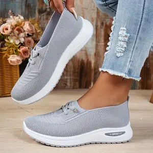Women's Gray Knit Slip-On Sport Sneakers - Breathable Mesh Comfort Walking Shoes with Cushioned Sole, Lightweight Casual Shoes for Daily/Outdoor Wear, Non-Slip "SPORT" Decor Footwear
