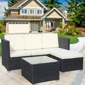 Aobtkel®Outdoor Garden Patio Furniture 5-Piece PE Rattan Wicker Cushioned Sofa Sets and Coffee Table, patio furniture set;outdoor couch ( Beige Cushion)
