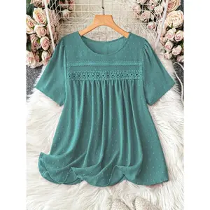 Swiss polka dot solid color shirt, summer casual short sleeved round neck T-shirt, women's daily clothingRAIMENTRY