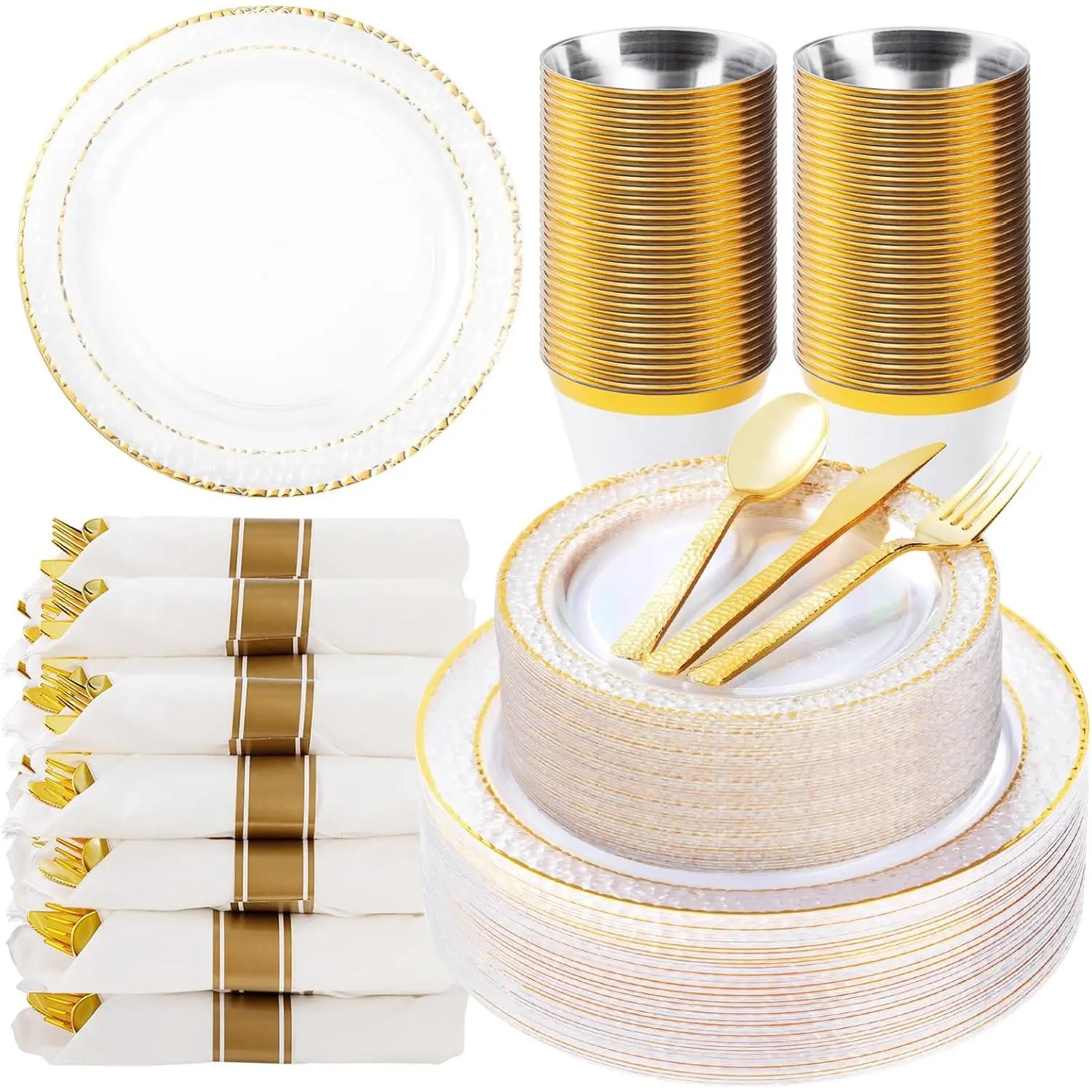 Clear Plastic Plates with Gold Trim 350PCS Disposable Dinnerware Set for 50 Guests Includes 100 Plates 50 Pre Rolled Napkins Gold Silverware & 50 Cups Perfect for Party Wedding, Disposable Tableware, Includes Napkins