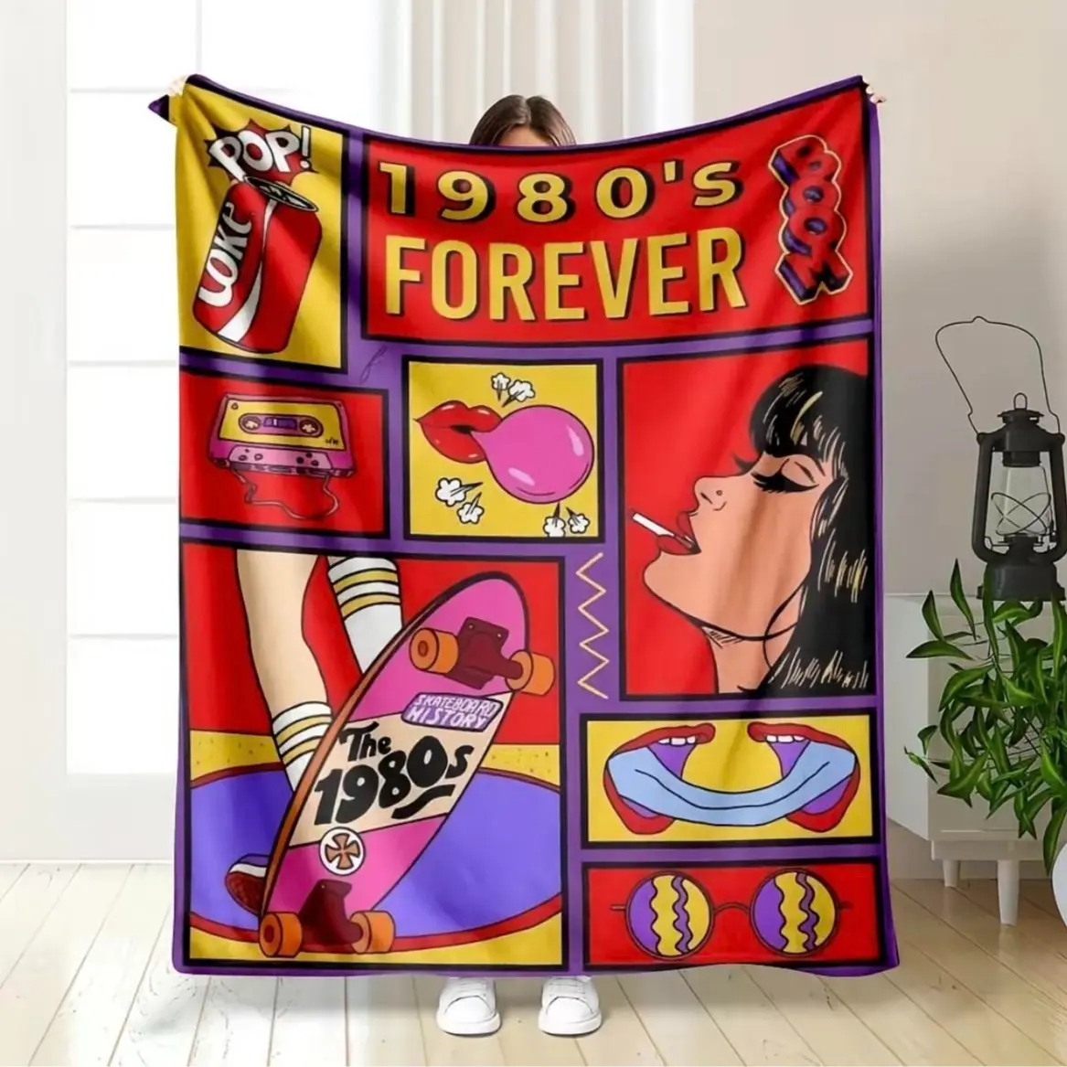 Retro Pop Art Flannel Throw Blanket - Art Print Design, 80s Blankets, Vintage Color, Eighties Vibe, Ultra Soft, Lightweight, Breathable, Warm - Ideal for Cozy Setup, Bedroom Decor Gifts, Art Print Blankets
