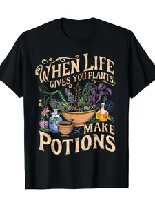Men'S Herbal Pattern T-Shirt |   "Life Gives You Plants, Why Not Brew Herbs?" Designed by a Plant Pharmacist, Casual Black T-Shirt with Herbal Medicine and Potion Bottle Patterns, Specially Created for Herbal Enthusiasts