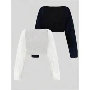 Women's Minimalist Textured Raglan Sleeve Shrug Set, Chic Open Front Sweater Cardigan, Cardigan for Women, Comfort Basic Long Sleeve Knitwear for Fall Two Piece Set, Crochet Clothes, Cardigans for Women, Lady Shrug Crop Tops