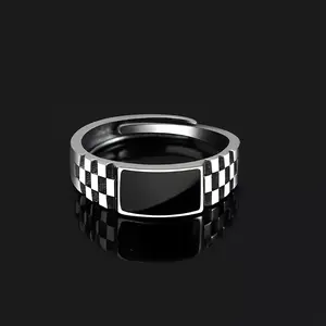 New Men'S Ring Made of 925 Silver Plated Plating, Featuring a Trendy Checkered Design. It'S an Adjustable Ring Suitable for Everyday Wear, Perfect for Single Men, Without Battery gold male