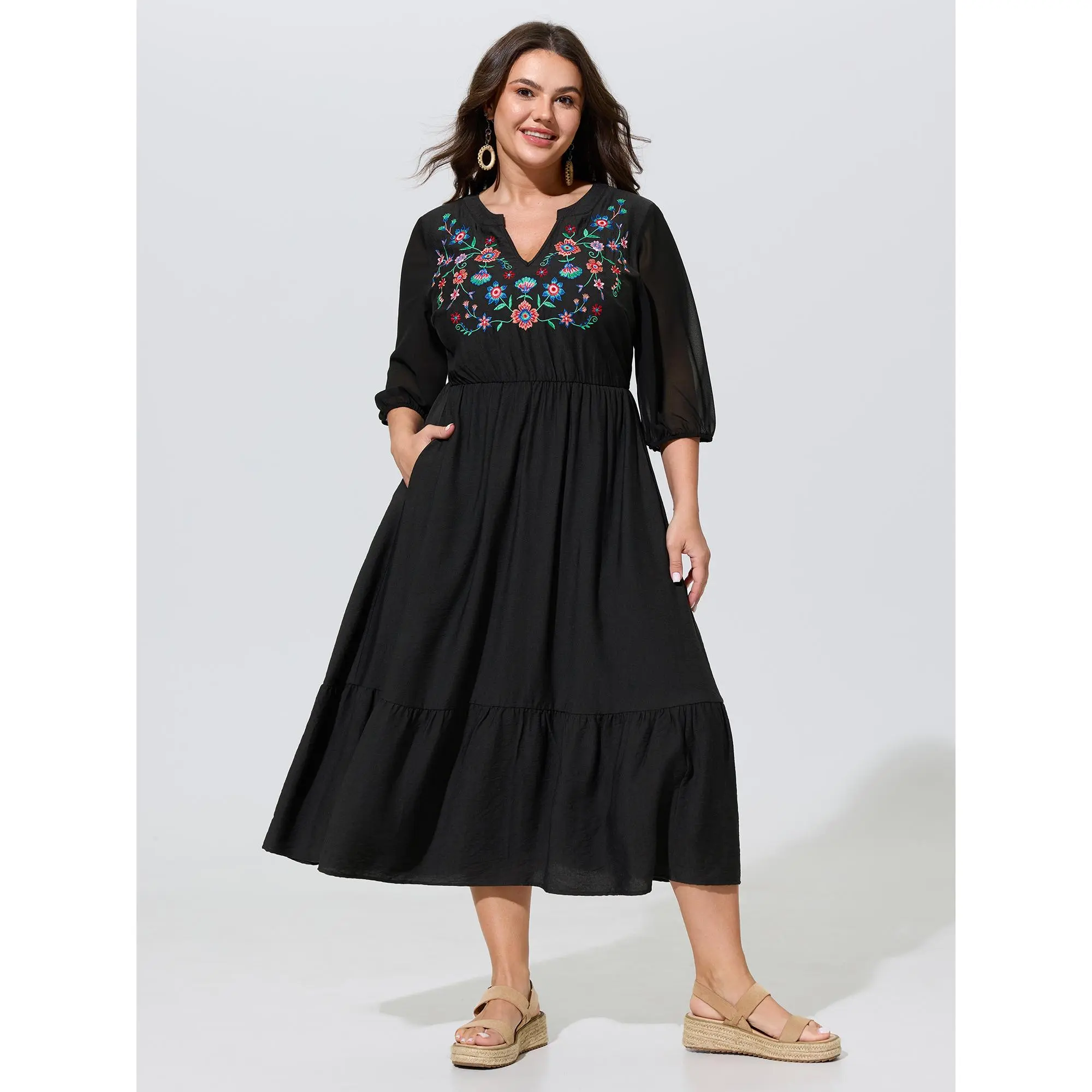 BloomChic Women's Plus Size Floral Embroidered Neckline Longsleeves Maxi Dress - Breathable Fabric Polyester Blend Spandex, Pull-On Casual Pocket Style for Summer Vacation