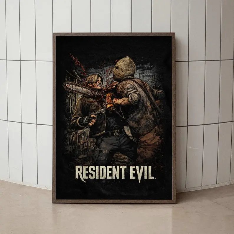 Resident Evil 4 Poster | Leon Kennedy - Chainsaw Battle Print | Horror Game Wall Art Łukasz