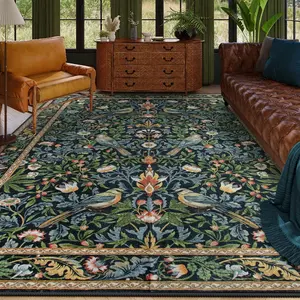 Rugs for Living Room 5x7, Floral Large Soft Washable Area Rug Non Slip Dining Room Rugs for Under Table, Bird Low Pile Carpet for Bedroom Office  (Dark Green/Navy Blue)