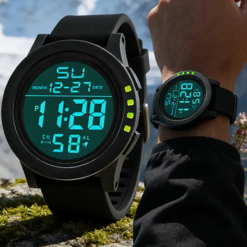 Mens Women Digital Watch Big Dial Light LED Swim Waterproof Rubber Band Alarm Black LED Watches