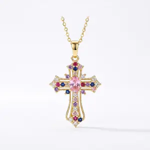 Pink Gem Gold Cross Necklace, 3D Sparkly Cubic Zirconia Cross Pendant, Tight Inlay No Falling Religious Jewelry Gift for Women