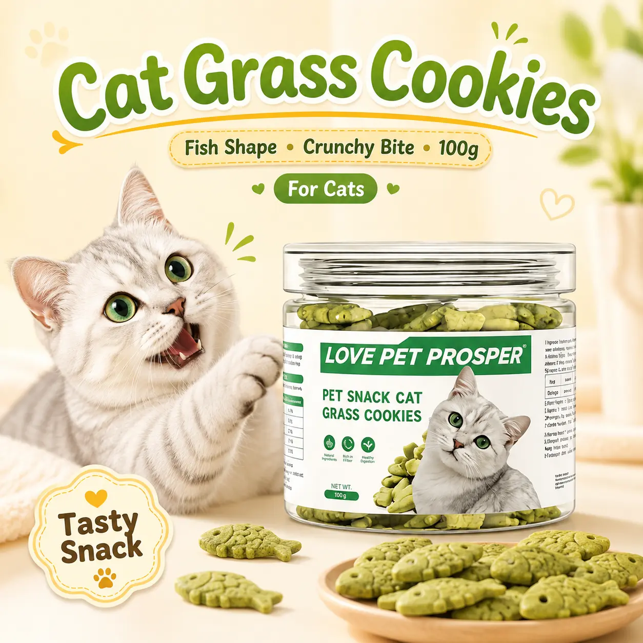 LOVE PET PROSPER Natural Cat Grass Biscuits for Kittens & Adult Cats, Crunchy Cat Treats for Hairball Control, Appetite Support and Indoor Cat Rewards |COD
