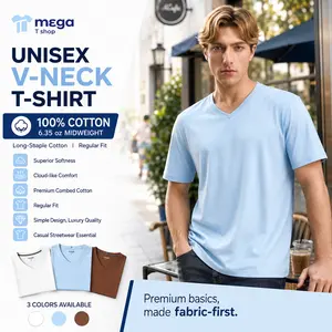 Mega Tshop Unisex V-Neck Shortsleeve T-Shirt - 6.35 oz Midweight 100% Cotton Plain Basic Fabric, Regular-Fit Casual Menswear Streetwear Top