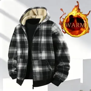 Men's plaid hooded jacket with casual retro style wool lining for warmth and loose fit, high-quality designGift
