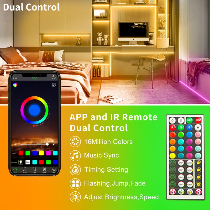 200FT 100FT 50FT Smart Led Strip Lights RGB Color Changing Time Setting Music Sync Strip Lights with both App and Remote Control for Bedroom Indoor Lighting, for Christmas Gifts