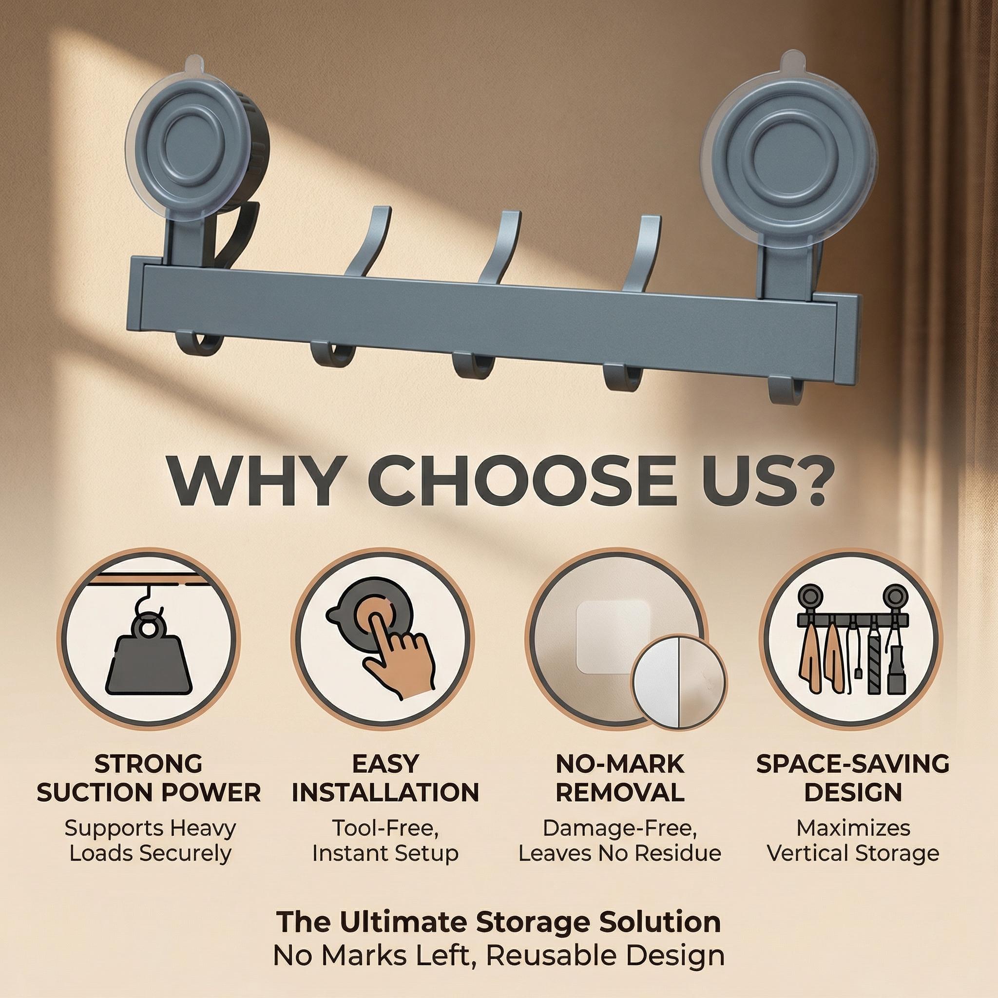 No Drill Suction Cup Hook Rack, Heavy Duty Space Aluminum Wall Hooks for Bathroom Kitchen, 10KG Load Bearing Waterproof Towel Rack