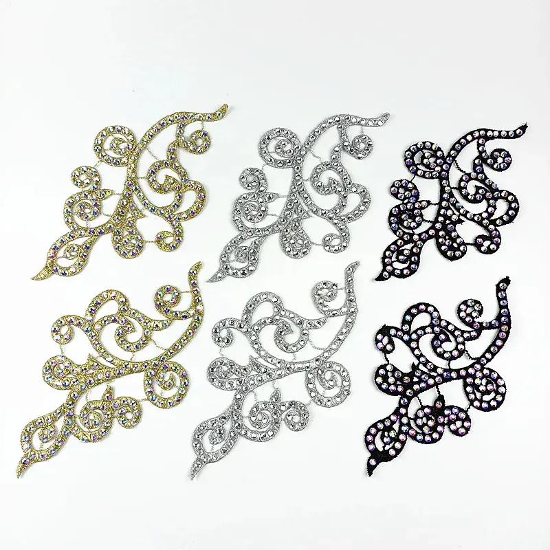 zsbszc ZA005 Pair Pack Sew-On Floral Design Embroidered Mirror Finish Patches - Gold, Silver, Black Metal Yarn Bud Silk Diamond Applique - 17.5x10cm Customizable Dancing Dress Decor Accessory, Sew-On Type, Cosplay, Sewing Crafts