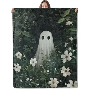 Aesthetic Ghost Floral Blankets, Lightweight Comfy Spooky Cute Sheet Ghost Blanketss for Couch Sofa Bedroom, Soft Plush Travel Flannel Throw Blankets Gifts60×50in