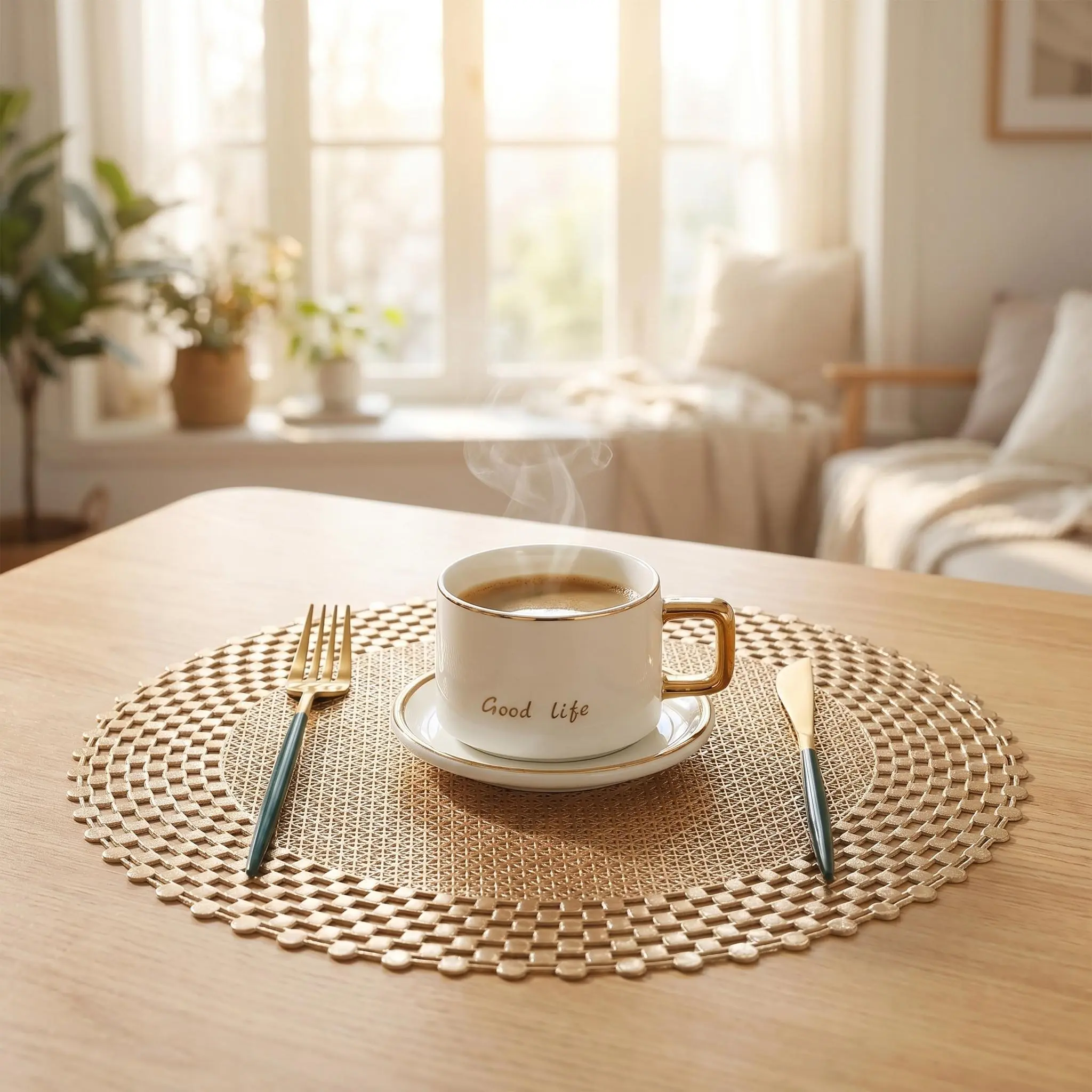 Gold PVC Round Classic Placemats - Heat-Resistant Table Protectors, Tableware for Wedding, Christmas Dining, Holiday