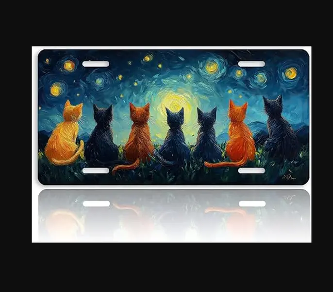 Starry Night Cat License Plate, 12" x 6" Aluminum Oil Painting Front Vanity Tag