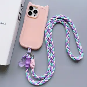 Extra - Long Universal Phone Lanyard with Card Holder & Heart Charm, Durable Nylon Braided Crossbody Neck Strap, Anti - Loss Phone Case Chain