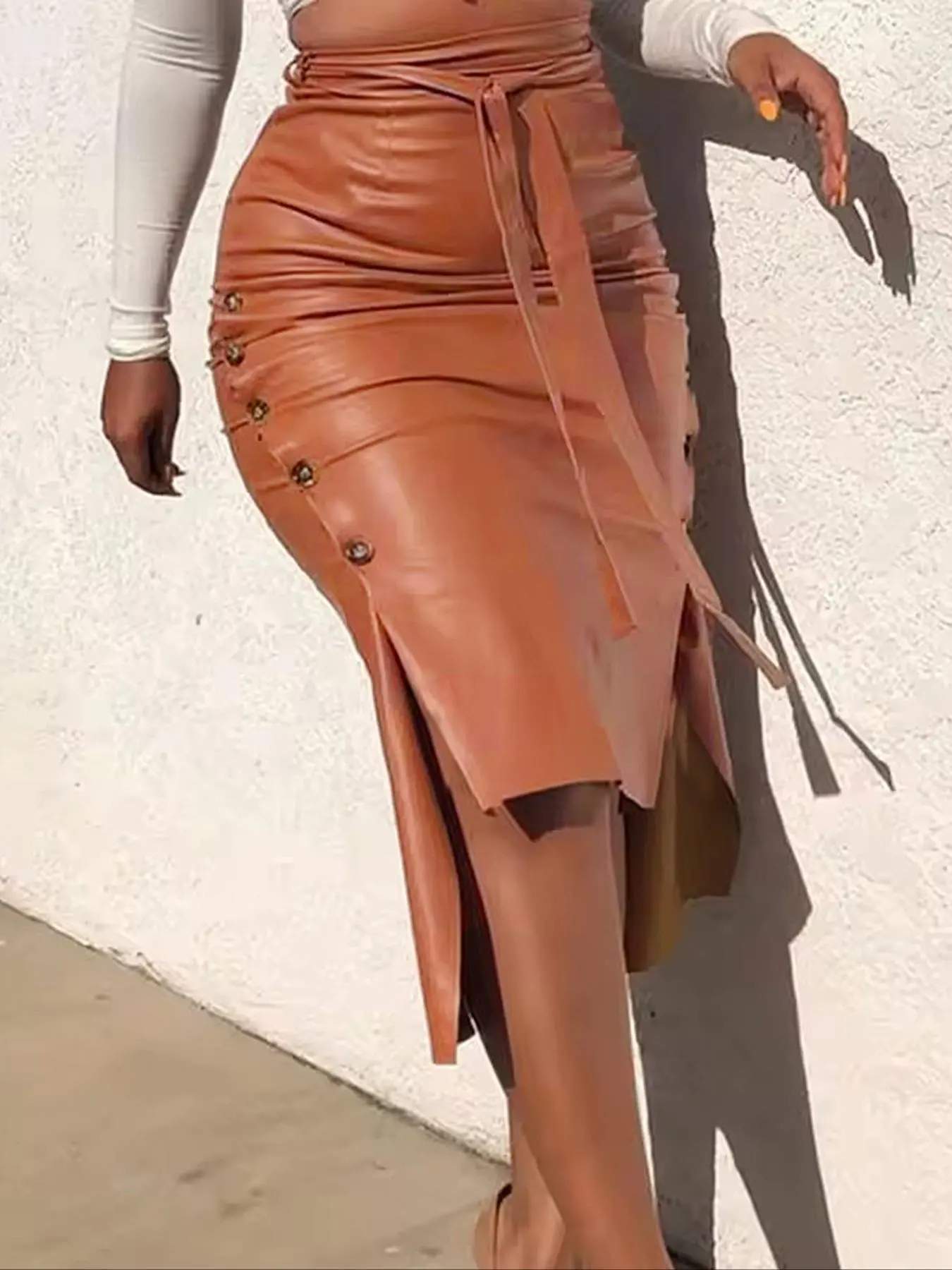 Women's Sexy Slim-Fit Midi Bodycon Fitted Skirt, PU Fabric, Asymmetrical Split Design, Office Wear, All Seasons, Fashionable, Chic & Versatile, Womenswear