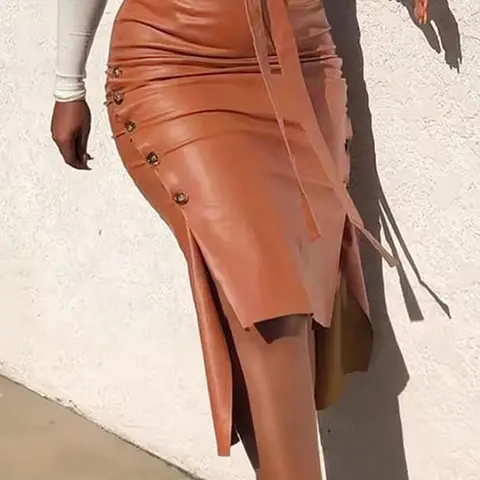 Women's Sexy Slim-Fit Midi Bodycon Fitted Skirt, Slim Fitting Skirt, PU Fabric, Asymmetrical Split Design, Office Wear, All Seasons, Fashionable, Chic & Versatile, Womenswear