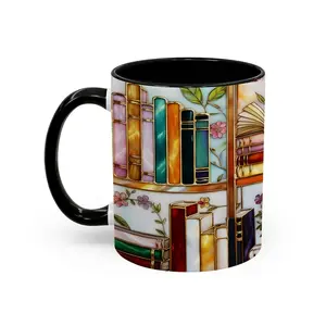 Stained-Glass Style Floral Bookshelf Mug, Book Lover Gift, Bookish Mug, Library Cup 15oz - scs16096