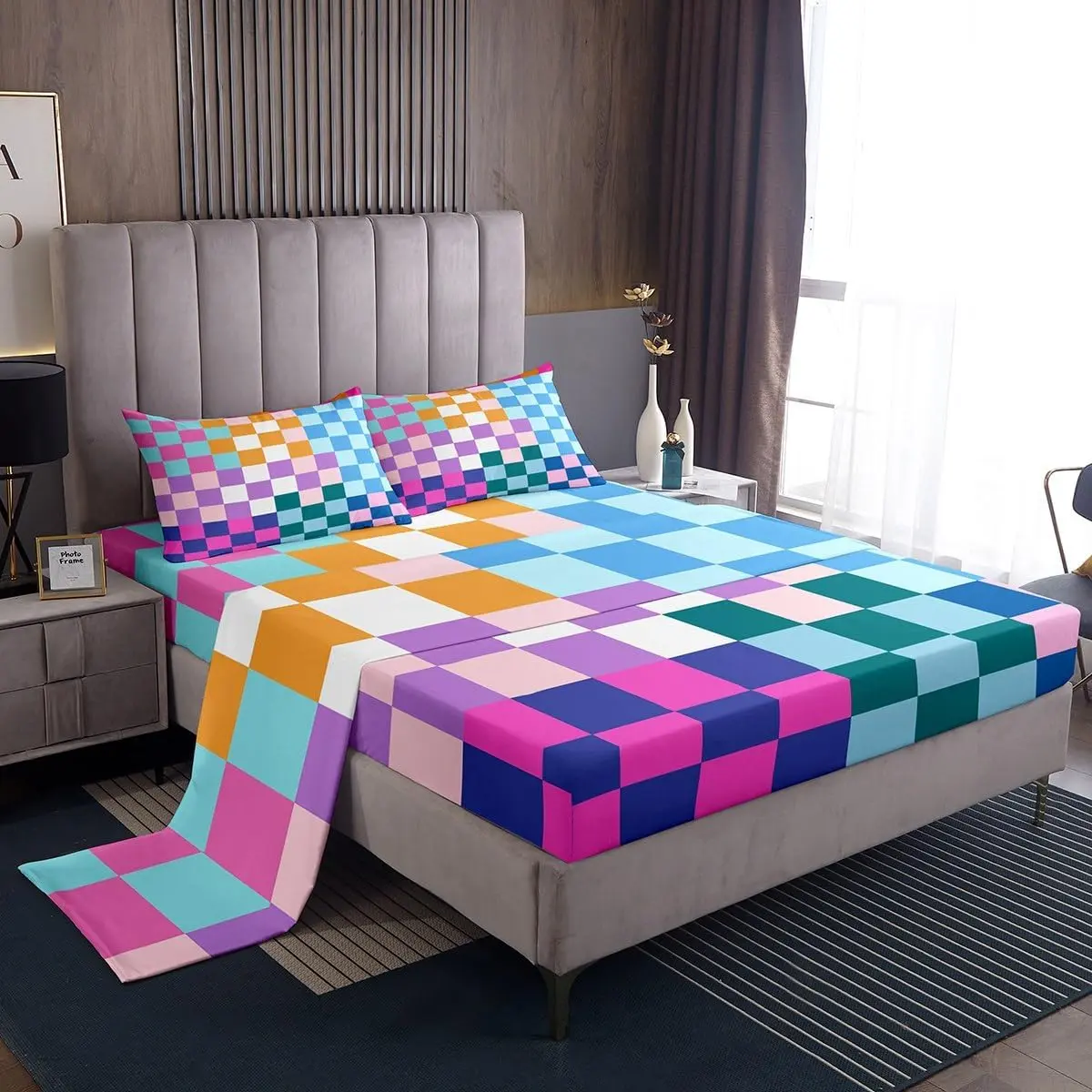 Feelyou Multicolored Checkered Retro Bedsheet Sets - Vintage Groovy Geometric Breathable Bedding, Rainbow Hues Deep-Pocket Fitted Sheet, Multi-Size (Full/King) Machine-Washable Sets, Bedsheets