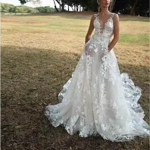 2025 Dress Lace Embroidered Bridal Wedding Dress Sexy V-Neck White Suspender Bridesmaid Dress(Sheet)