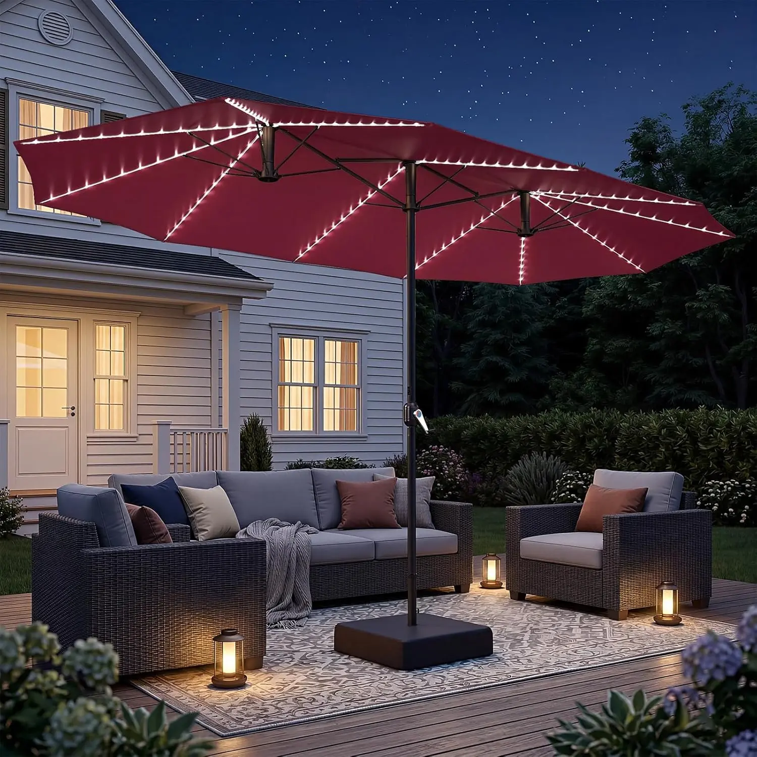 15ft Double-Sided Outdoor Patio Umbrella with Solar Powered 156 LED Lights, Large Rectangular Market Umbrella with Included Base & Crank Handle, 1.9" Pole for Garden Deck Pool