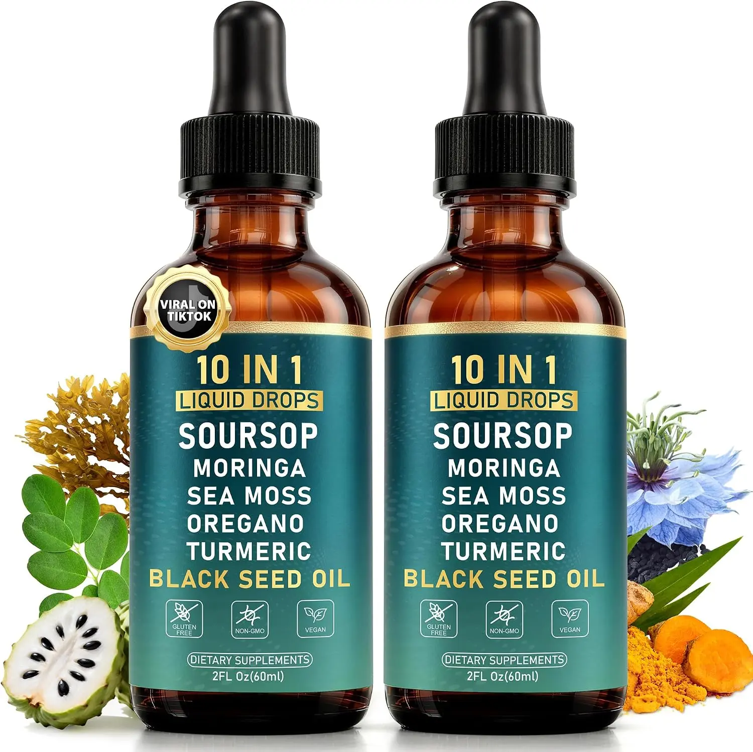 (2pac)10-in-1 Soursop Bitters Liquid Drops, 2000 mg Soursop Complex +1700 mg Core Ingredients, with Black Seed Oil, Sea Moss, Moringa, Oregano,Ashwagandha, Gut... Organic Soursop Multi-Vitamin Extract