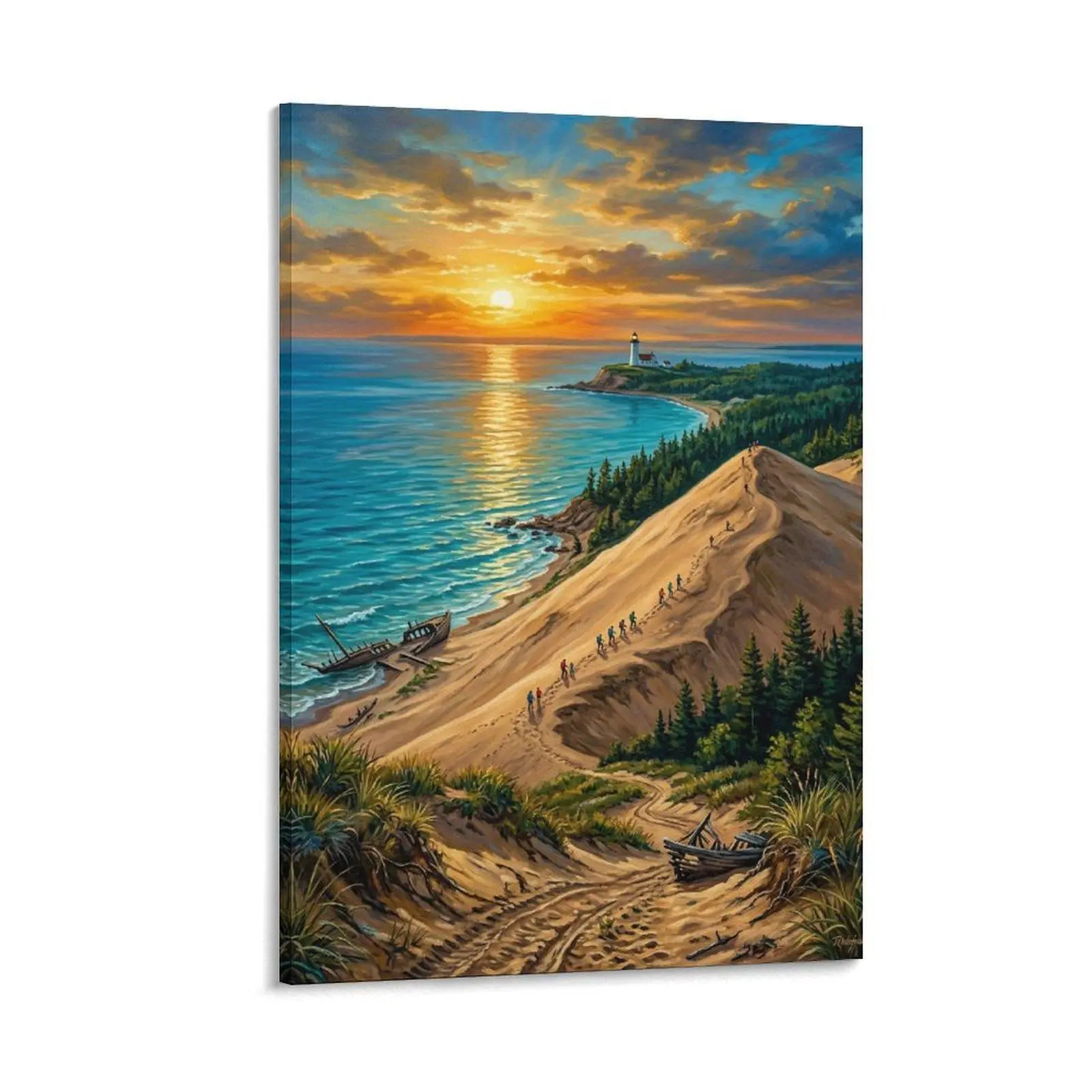Decorative Printed Canvas Wall Art - Vibrant Coastal Sunset, Sand Dunes, Lighthouse, Hikers Scene, Realistic Artistic Design, Home Decor for Living Room, Bedroom